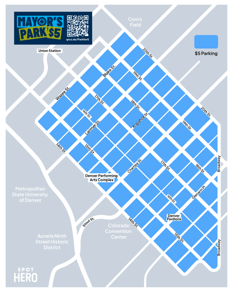 Downtown denver map displaying $5 parking zones, from Wazee Street to Broadway
