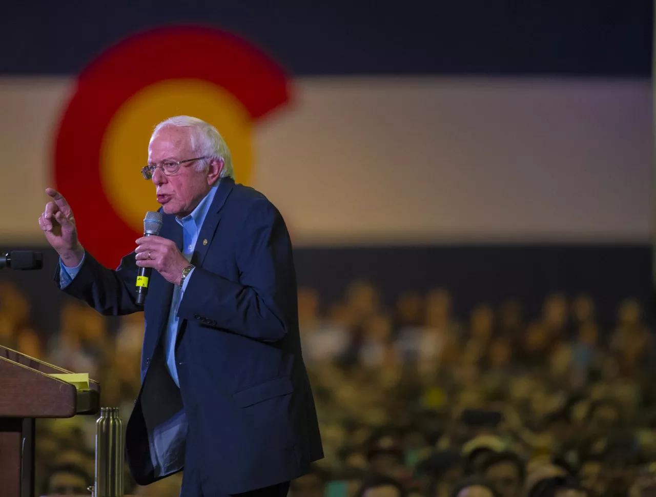 Bernie Sanders addresses the crowd in Colorado