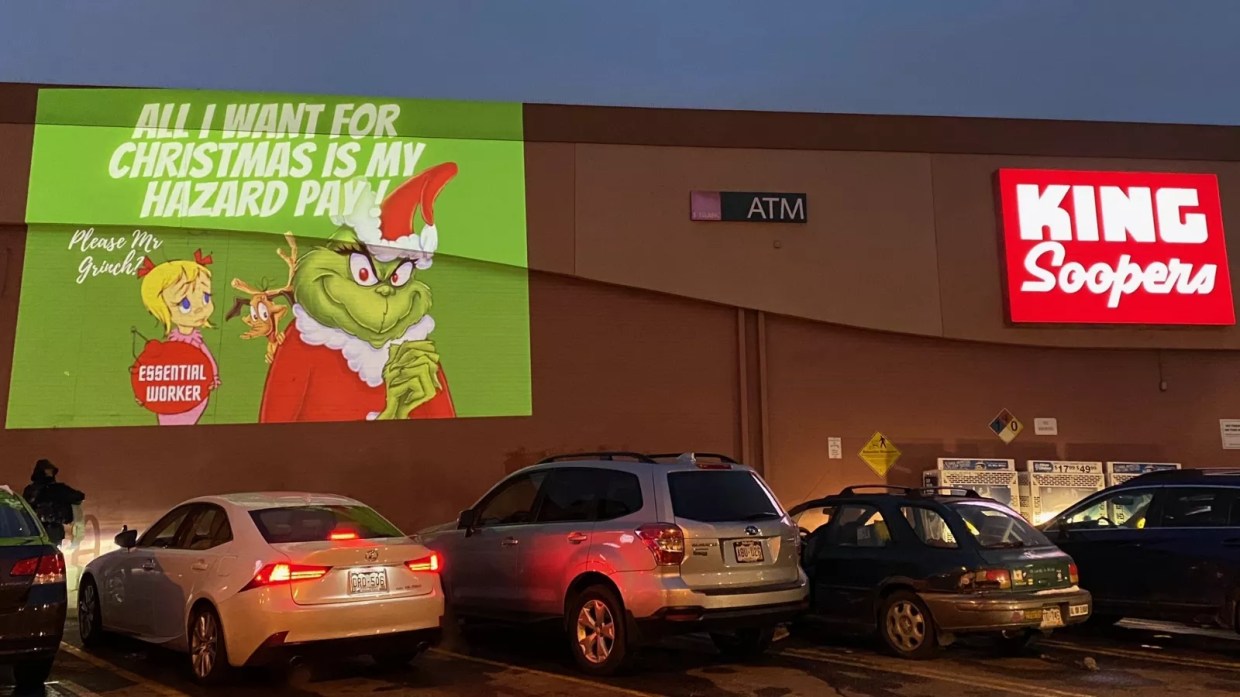 King Soopers, Safeway Hit With Light Show COVID-19 Hero Pay Protest