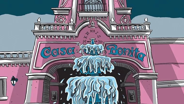 cartoon illustration of Casa Bonita front, fountain