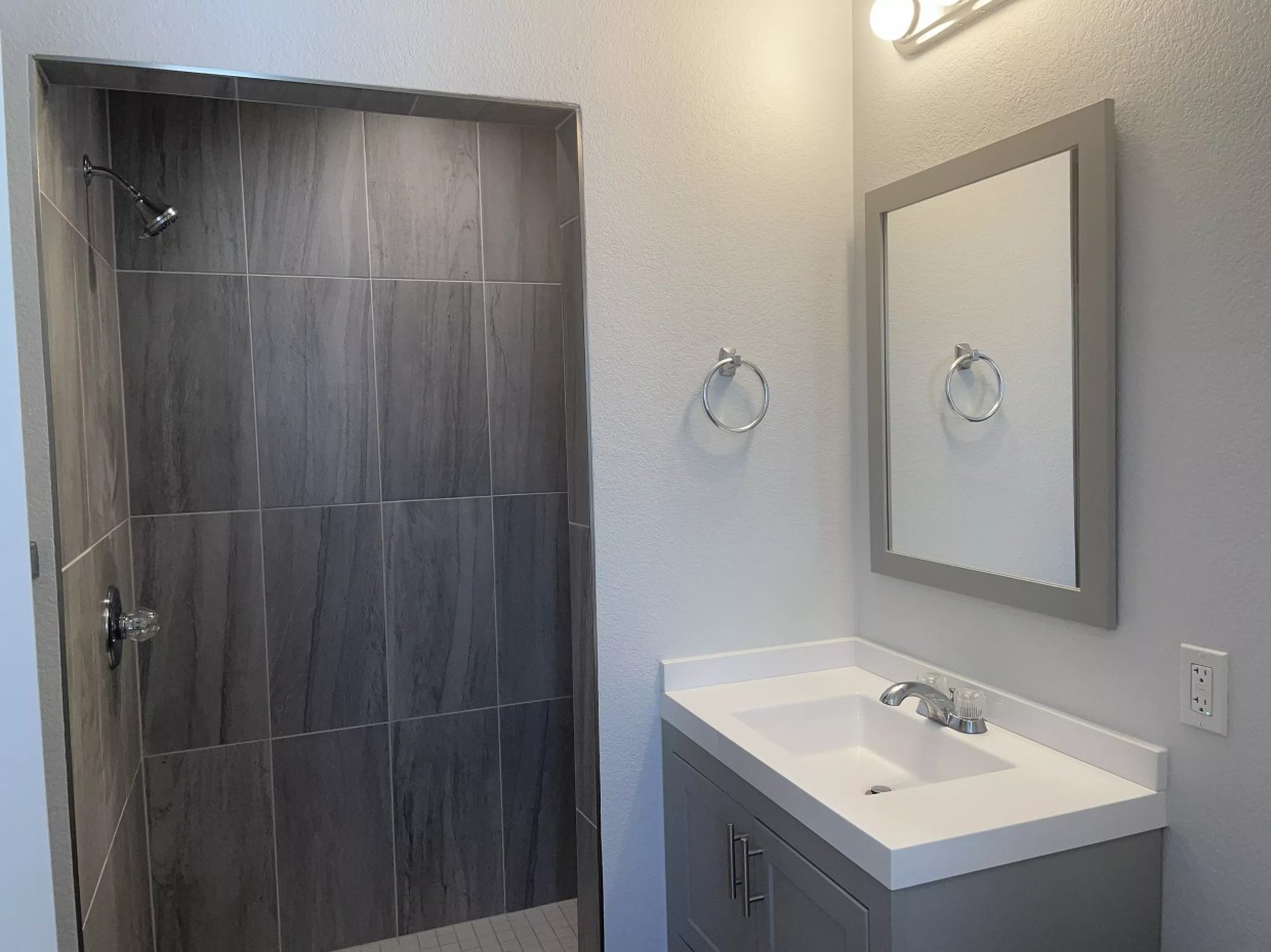 A walk-in shower and sink.