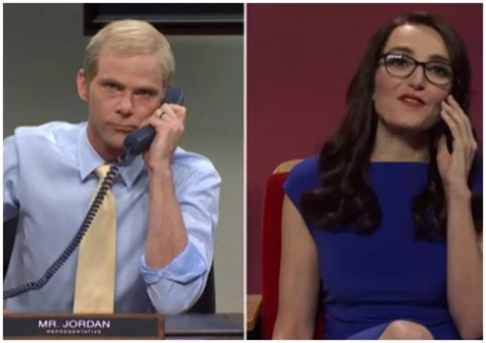 split screen on Saturday Night Live with Jim Jordan and Lauren Boeber