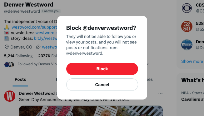 A screenshot of X, formerly Twitter, asking a user if they're sure they want to block @denverwestword
