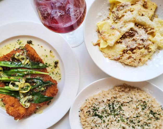 various food on white plates