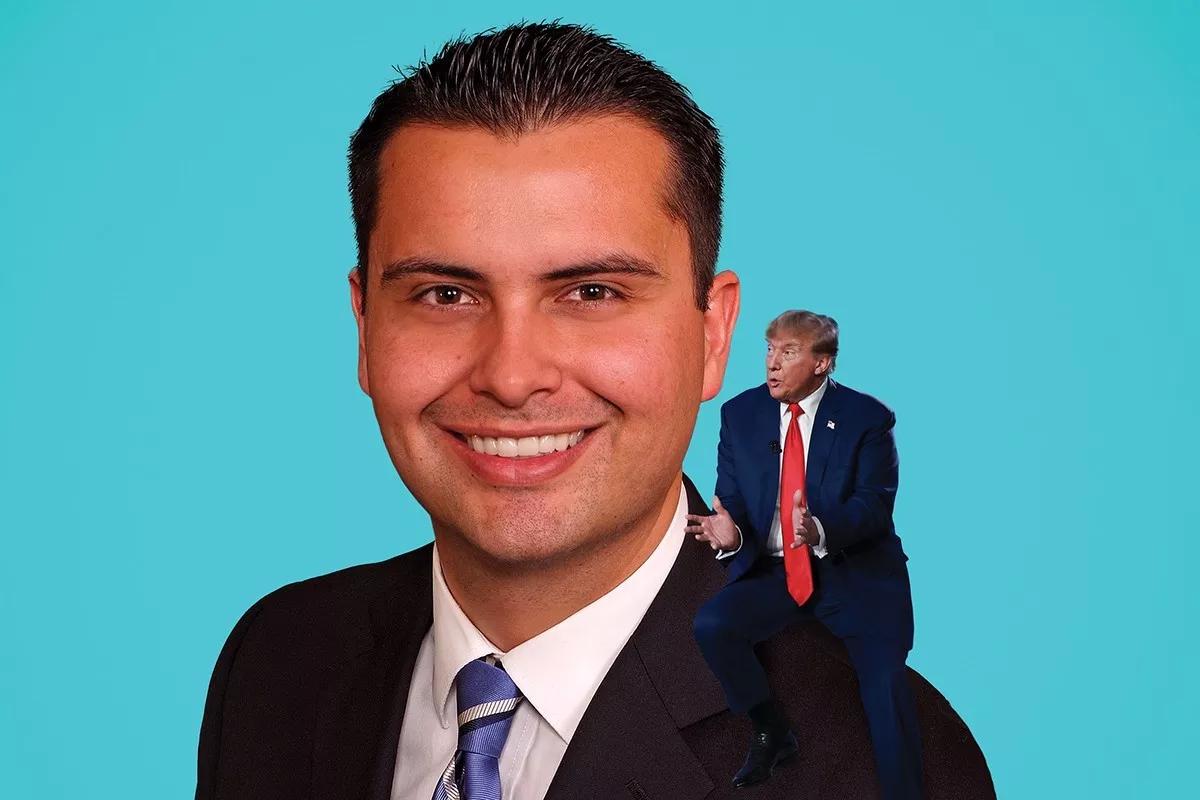 Colorado GOP Chair Dave Williams with former president Donald Trump on his shoulder.