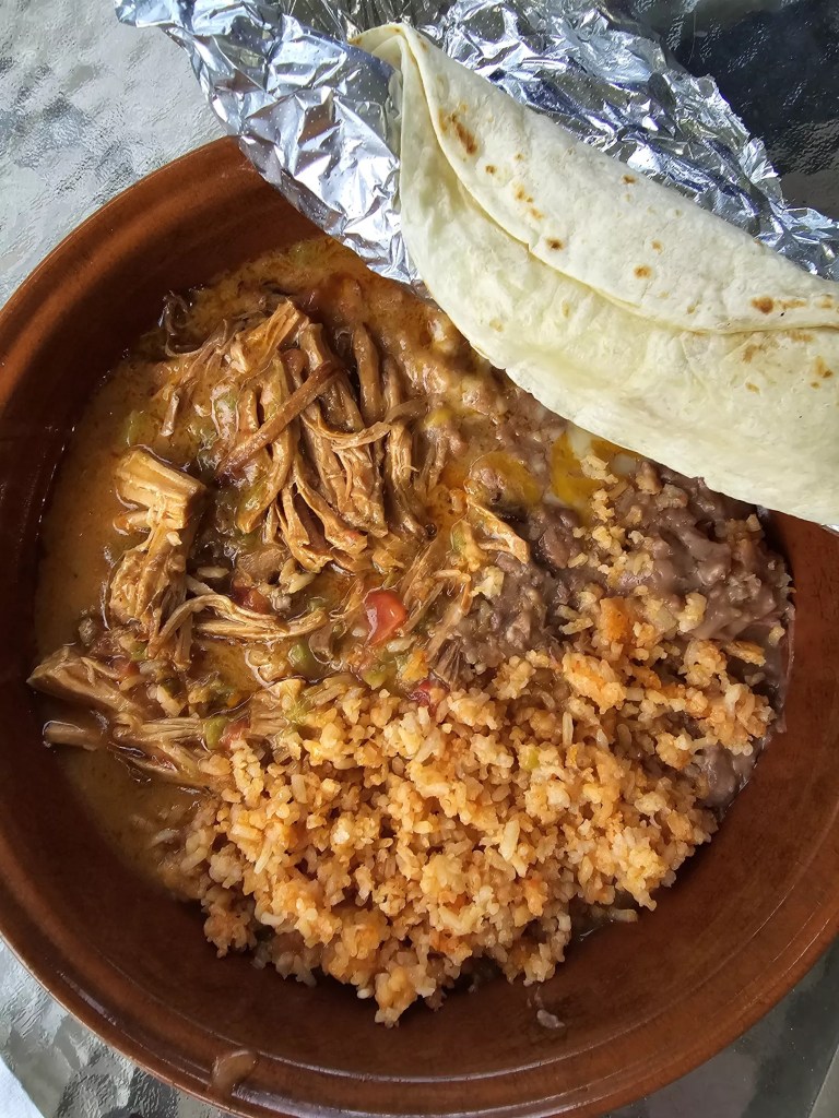 shredded pork, beans and rice