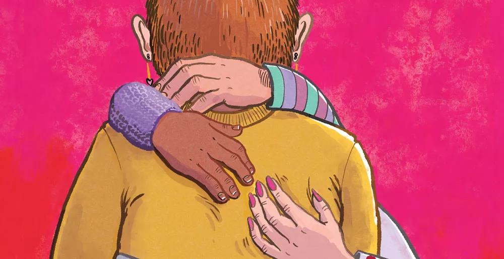 back of person being hugged by many hands