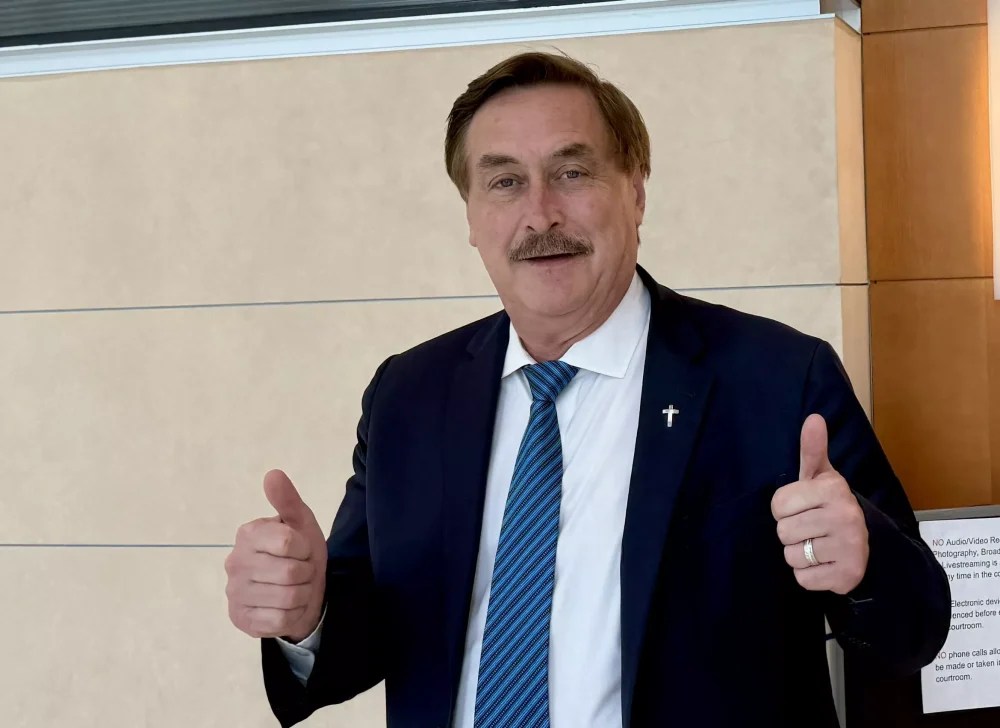 MyPillow CEO Mike Lindell outside the courtroom where a jury found him liable for defamation
