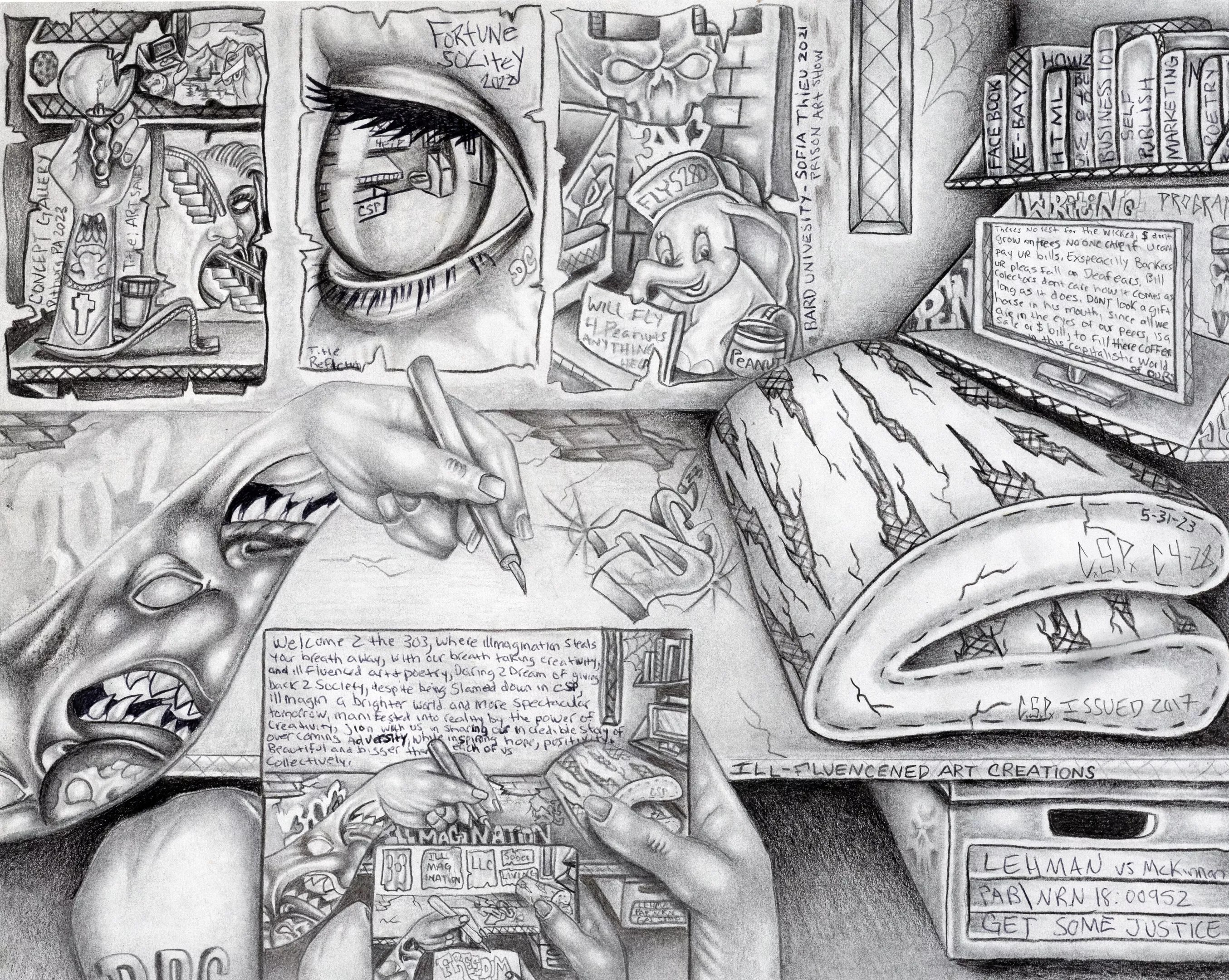 pencil drawing of man in cell